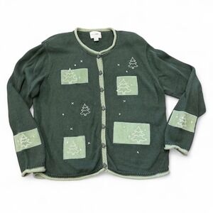 Christopher Banks Christmas Tree Cardigan Sweater Womens‎ Large Green Holiday